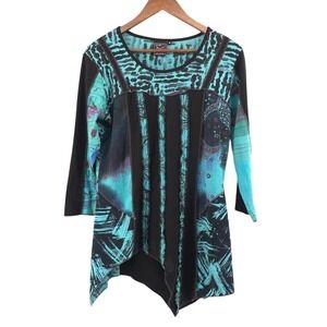 Fresh Groove Tunic Top Asymmetrical 3/4 Sleeve Teal‎ Black Witchy Womens Medium